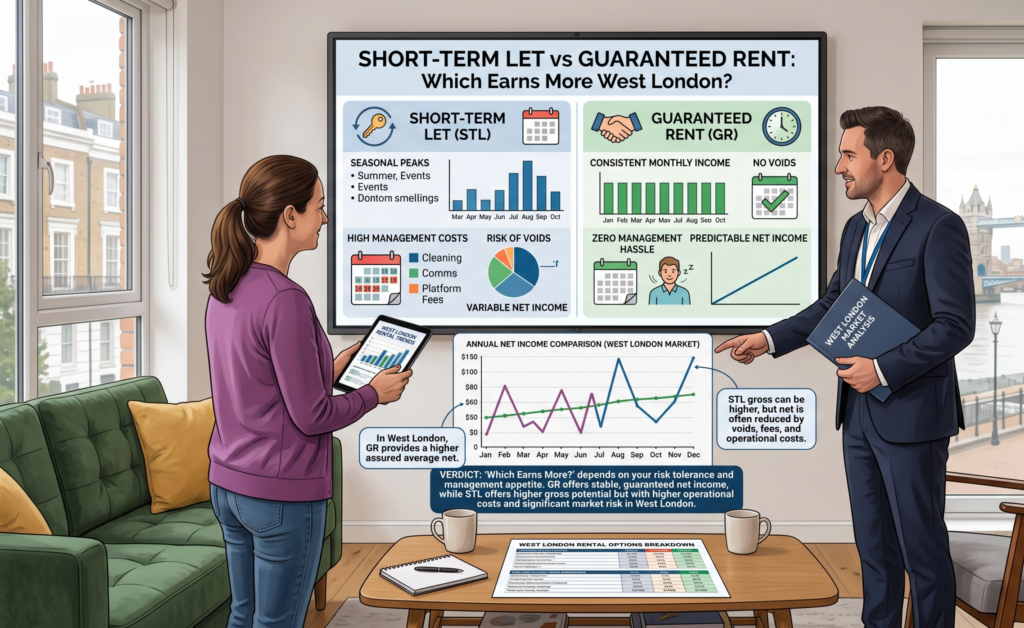 A detailed, illustrative cartoon style comparison infographic integrated into an illustrative scene of the characters (woman in purple, man in suit) from Image 8.png standing around a large central monitor, but in a new, forward-facing orientation. The large monitor displays a complex, color-coded illustrative chart. The main title at the top reads: "SHORT-TERM LET vs GUARANTEED RENT: Which Earns More West London?" The monitor is split vertically.Left Column (STL): Detailed panels for 'Seasonal Peaks' (bar chart with custom labels, including 'Dontam smellings'), 'High Management Costs' (pie chart breakdown of Cleaning, Comms, Platform Fees), and 'Risk of Voids' (pie chart).Right Column (GR): Panels for 'Consistent Monthly Income' (bar chart), 'No Voids', 'Zero Management Hassle', and 'Predictable Net Income' (linear line graph). At the bottom center of the screen, a large comparative graph ('Annual Net Income Comparison') features multiple lines comparing volatile vs steady income over time, with text bubbles. A large 'VERDICT' box at the bottom details the comparison. The illustrative background is a West London setting with Tower Bridge. A detailed illustrated wooden coffee table in front holds a notebook, mugs, and a document: WEST LONDON RENTAL OPTI0N0 BREAKDOWN. The man holds a generic clipboard, and the woman holds a tablet showing more data charts.