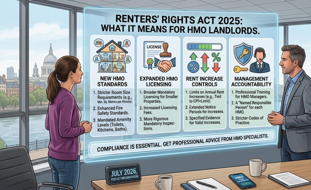 A complex illustrative transparent digital screen infographic floated over a raw photorealistic office scene in London. The transparent screen is modern and futuristic, segmented into four vertical, icon-led panels, each containing detailed illustrated text. The main title text at the top of the screen reads: "RENTERS' RIGHTS ACT 2025: WHAT IT MEANS FOR HMO LANDLORDS." Each panel features a detailed icon, a bold heading, and a detailed bulleted list of points (from left to right): NEW HMO STANDARDS: Icon of a house with many people. 3 bullet points detailing Stricter Room Size Requirements (e.g., Min. Sq. Metres per Person), Enhanced Fire Safety Standards, and Mandated Amenity Levels (Toilets, Kitchens, Baths). EXPANDED HMO LICENSING: Icon of a shield with a license badge, stamp, and handshake over money/pen. 3 points on Broader Licensing for Smaller Properties, Increased Fees, and Rigorous Inspections. RENT INCREASE CONTROLS: Icon of a progress bar graph, percentage sign, and arrows (up/down/progress). 3 points on Limits on Annual Rent Increases (e.g., CPI+Limit), Extended Notice Periods, and Specified Evidence. MANAGEMENT ACCOUNTABILITY: Icon of a shield with keys and a human face with headset. 3 points on Professional Training for Managers, A "Named Responsible Person" for each HMO, and Stricter Codes of Practice. At the bottom, a large transparent banner says: "COMPLIANCE IS ESSENTIAL. GET PROFESSIONAL ADVICE FROM HMO SPECIALISTS." The photorealistic office background shows the characters from Image 12 out of focus. Large windows offer a new, distinct view of London featuring St. Paul's Cathedral and another angle of Tower Bridge. A detailed office foreground desk holds specific items: coffee mugs, notebooks, a cell phone with an 'HMO' app, and a digital clock showing the date 'JULY 2026'.