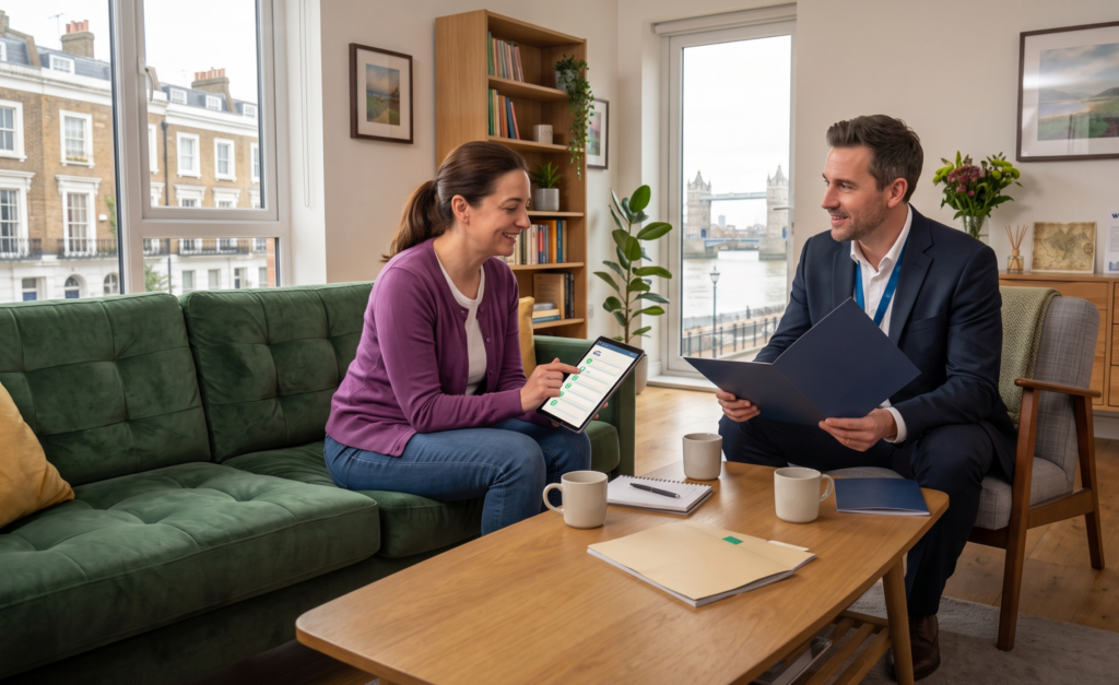 A horizontal, four-step infographic checklist timeline overlaid on a photorealistic scene of a female landlord in a purple cardigan and a male real estate agent in a suit in a modern London apartment, looking at the city skyline view including Tower Bridge. Above them, a large wall-mounted text reads: "SWITCHING LETTING AGENT WITHOUT LOSING RENT: A WEST LONDON CHECKLIST". Four distinct infographic modules on a horizontal timeline (from left to right) detail the checklist steps with unique icons and subtext: Check Current Contract & Give Notice: A calendar and clock icon with text: "Review notice period. Send formal notice to existing agent. Set a clean end date." Inform Your Tenants Directly: An icon of connected people figures with text: "Notify tenants of the change. Provide new rent payment details for the new West London agent." Verify Deposit Transfer & Compliance: A secure folder with lock icon with text: "Confirm security deposit moves to the new agent's scheme. Ensure all statutory safety certificates are valid and transferred." Seamless Management Handover: An icon of a map with a compass rose with text: "Arrange key collection. New West London agent is fully onboarded with property history for continuity." The woman holds a checklist tablet, and the man holds a branded 'West London Handover' brochure. The wooden coffee table holds mugs and documents.