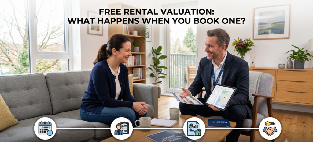 A promotional graphic titled 'Free Rental Valuation: What Happens When You Book One?'. The main picture features a friendly male real estate agent and a female homeowner sitting across from each other in a bright, modern living room, discussing property details using a tablet and a printed brochure. Below them is a four-step horizontal timeline explaining the valuation process: Book Your Appointment: (Calendar icon) Submit request online or by phone. Choose a suitable time. Onsite Visit: (Agent with clipboard icon) Friendly specialist assesses your property, key features, & condition. Detailed Report: (Document with charts icon) Receive an accurate market valuation, local insights, & recommendations. Rental Strategy: (Handshake with key icon) Discuss findings, options, and steps to maximize your rental potential