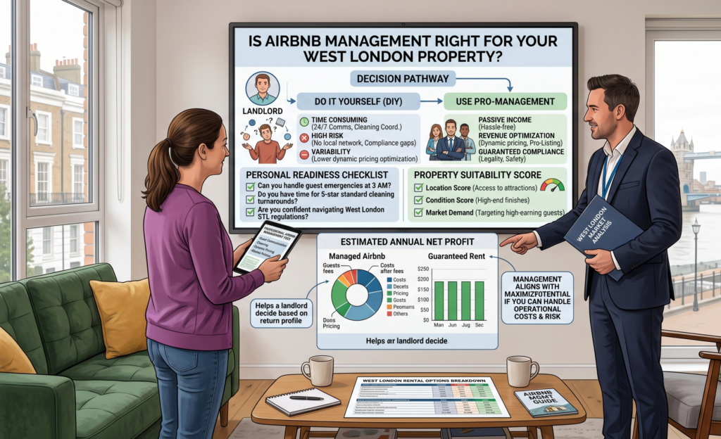 A complex illustrative cartoon infographic integrated into an illustrative scene with the characters (woman in purple, man in suit) from Image 10.png, standing around a massive central monitor in a new, distinct illustrative modern London living room with Tower Bridge visible through the windows. The large monitor is filled with an intricate illustrative decision flow chart and data. The main title at the top reads: "IS AIRBNB MANAGEMENT RIGHT FOR YOUR WEST LONDON PROPERTY?" Flow Chart Section: Titled 'DECISION PATHWAY'. Shows a landlord character facing two choices: 'DO IT YOURSELF (DIY)' vs 'USE PRO-MANAGEMENT'. Each path lists sub-points (e.g., tired juggling landlord icon for DIY, smiling team for Pro-Management) with descriptions.Assessment Panels: Two detailed illustrative checklist panels with checkboxes and text: 'Personal Readiness Checklist': (Checks questions like 3 AM emergencies, 5-star cleaning). 'Property Suitability Score': (Checks items like location, condition, market demand with a gauge).Comparison Section at Bottom: Titled 'ESTIMATED ANNUAL NET PROFIT' with large illustrative comparative pie charts for 'Managed Airbnb' (detailed cost breakdown) and a bar chart for 'Guaranteed Rent'. Text bubbles point out the comparison. The woman holds a tablet showing more checklist items. The man holds a generic folder. An illustrated coffee table holds mugs, a notebook, and a detailed document: AIRBNB MANAGEMENT GUIDE and WEST LONDON RENTAL OPTI0N0 BREAKDOWN. The art style is clean and illustrative.