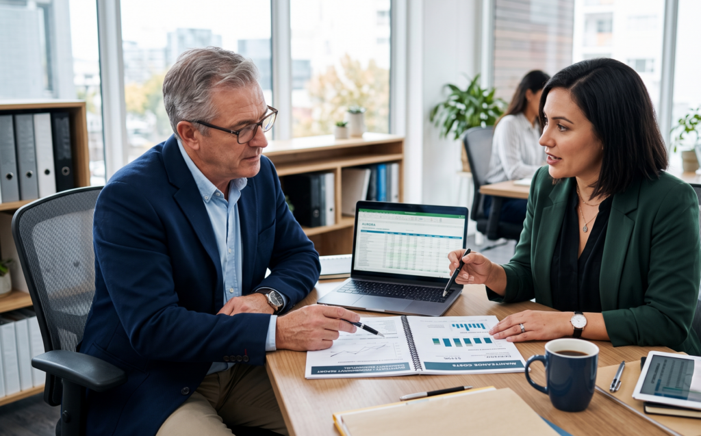 Landlord and property manager in meeting
