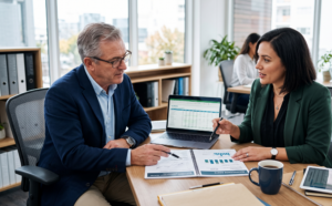 Landlord and property manager in meeting